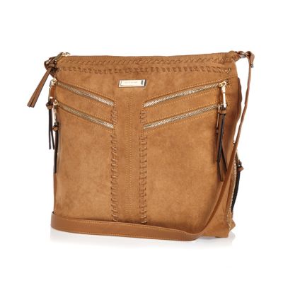 Brown faux suede messenger handbag